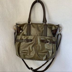 TOD’S coated olive canvas tote with brown leather trim NWOT